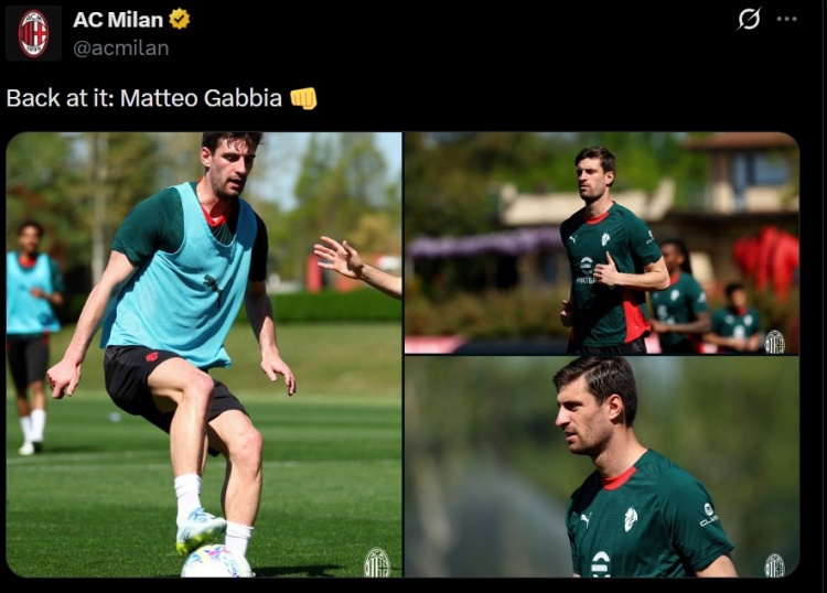 米兰官方晒照，自2月底以来一直因伤缺阵的加比亚回归合练